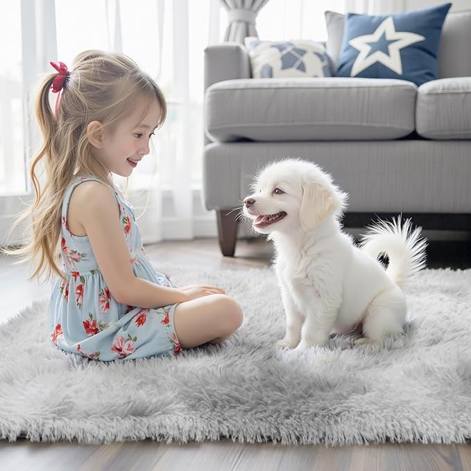 Area Rugs 9x12 Living Room, Large Area Rug Shag Shaggy Carpet Soft Plush Furry Bedside Rug, Machine Washable Area Rugs for Bedroom Kids Girls Boys Anti Slip(9 x 12, Light Grey Tie-Dyed)