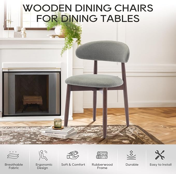 COLAMY Wooden Dining Room Chairs Set of 2, Modern Upholstered Fabric Dining Chairs, Farmhouse Kitchen Side Chair with Foot Pegs, Green