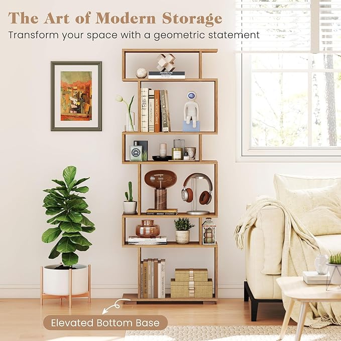 Giantex 6-Tier Geometric Bookshelves Set of 2, S-Shaped Bookcase with 2 Anti-Tipping Kits, Wooden Display Shelf, Decorative Storage Shelving Unit, Home Storage Organizer for Living Room, Natural