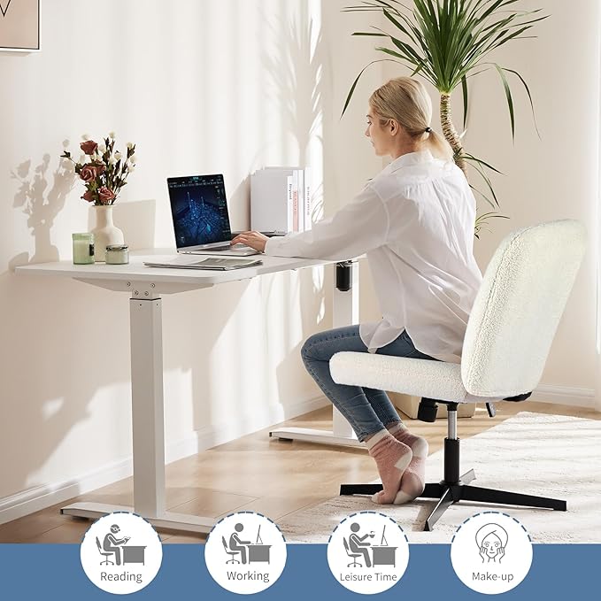 DUMOS Criss Cross Chair No Wheels, Legged Office Desk Armless Chair Wide Seat, Adjustable Swivel Teddy Fabric Task Vanity Chairs for Home Bedroom, Beige