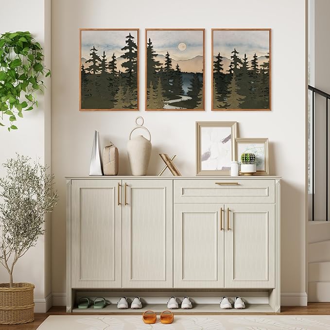 HPNIUB Vintage Mountain Framed Canvas Wall Art Set, Boho Sunrise Art Prints, Forest Nature Wilderness Art Paintings, Abstract Pine Tree Wall Decor for Living Room Bedroom, Office(Set of 3,12X16 Inch)