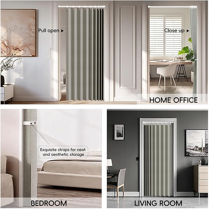 Jilron 100% Blackout Fabric Folding Door Curtain with Magnetic Closure - Accordion Style for Sliding Doors, Closets,Wardrobe and Temporary Door Solutions Doorway Curtains（W42 x L78, Grey 1 Panel）
