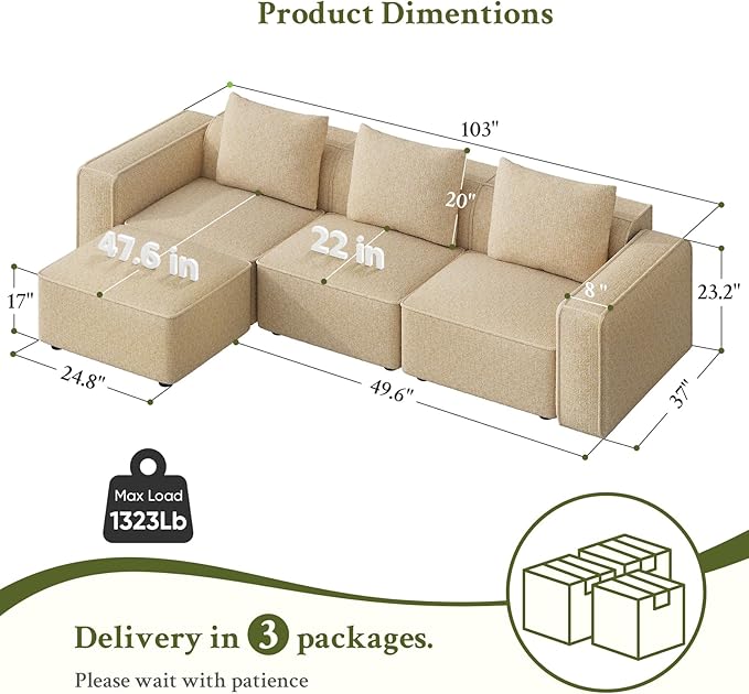 Welzona 103" Modular Sectional Sofa, Minimalist Comfy Cloud Couch Sectional, Tool-Free Setup Couches for Living Room, Wood Frame l Shaped Couch with Ottoman, 22" Deep Seat Chenille Cloud Sofa