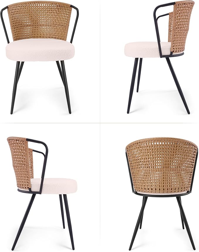BedsPick Rattan Dining Chairs Set of 4 - Farmhouse Upholstered PE Rattan Kitchen Chair with Boucle Cushion, Wingback Dining Room Seat with Cane Back and Metal Legs for Home, Kitchen (Brown)