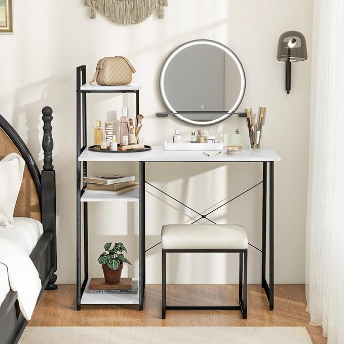Tangkula Computer Desk with Shelves, Space Saving Home Office Desk with 3-Tier Ladder Shaped Storage Bookshelf, Modern Writing Study Desk with Metal Frame, Compact Computer Workstation (White)