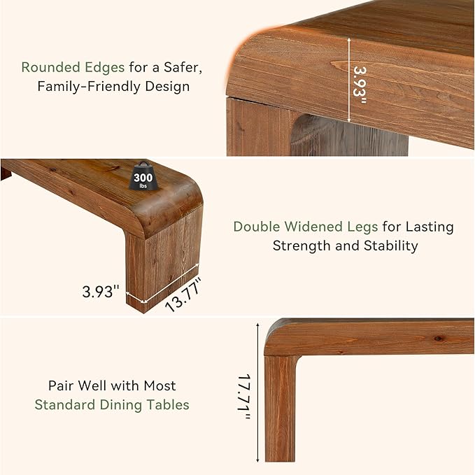 Solid Wood Dining Bench, 55" Wood Bench Indoor for Entryway, End of Bed Bench with Thick Block Seat, Modern Farmhouse Wooden Bench for Dining Table, Bedroom, Hallway, Rustic