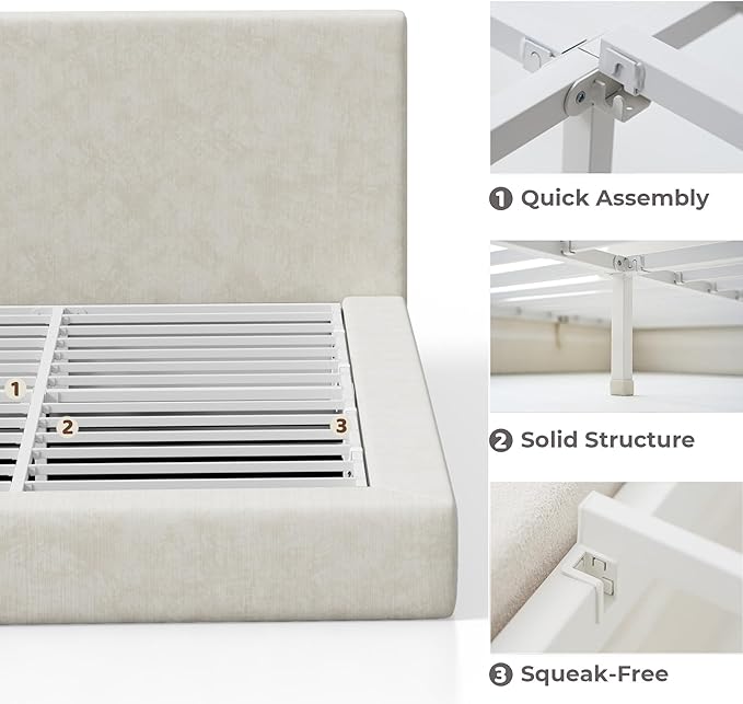 RECCI AirFrame Full Size Bed Frame with Headboard, Cloud Upholstered Platform Bed Frame, 5 Inch Foam Cushioned, No Box Spring, Easy Assembly(Beige Chenille)