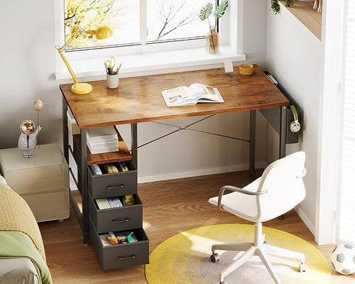 AODK 40 Inch Small Computer Desk with Fabric Drawers, Kids Study Desk for Bedroom, Home Office Desk with Storage Shelf & Bag for Small Space, Vintage