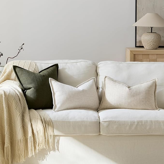 DEZENE 12x20 Linen Pillow Covers Natural Beige Pack of 2 Farmhouse Boho Neutral Accents Striped Textured Rectangular Lumbar Decorative Throw Pillow Cases for Living Room Couch Bed Home Decor