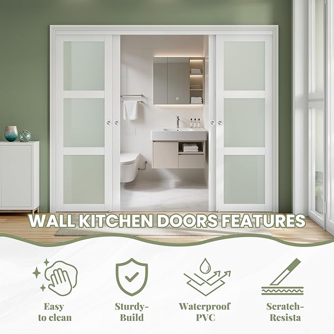 SMARTSTANDARD Sliding Closet Door 96x80(Double 48") Inch, Bypass Frosted Glass 3-Lite,Hardware Kit with Handles Included, Preassembled MDF with PVC Panels for Easy Install, White
