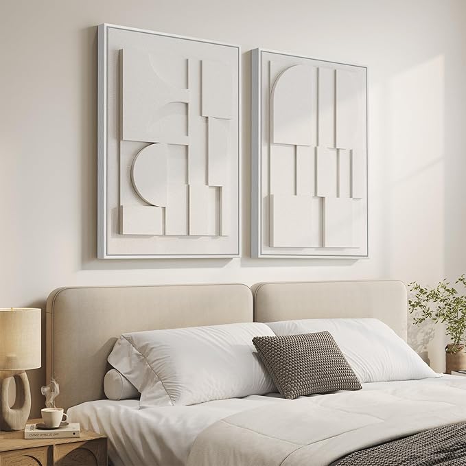 Large 3D Textured Framed White Abstract Wall Art for Living Room, Set of 2 Modern Sandstone Artwork for Walls, White Minimalist Geometric Block Pictures for Bedroom Hallway Office Wall Decor 24x36 In
