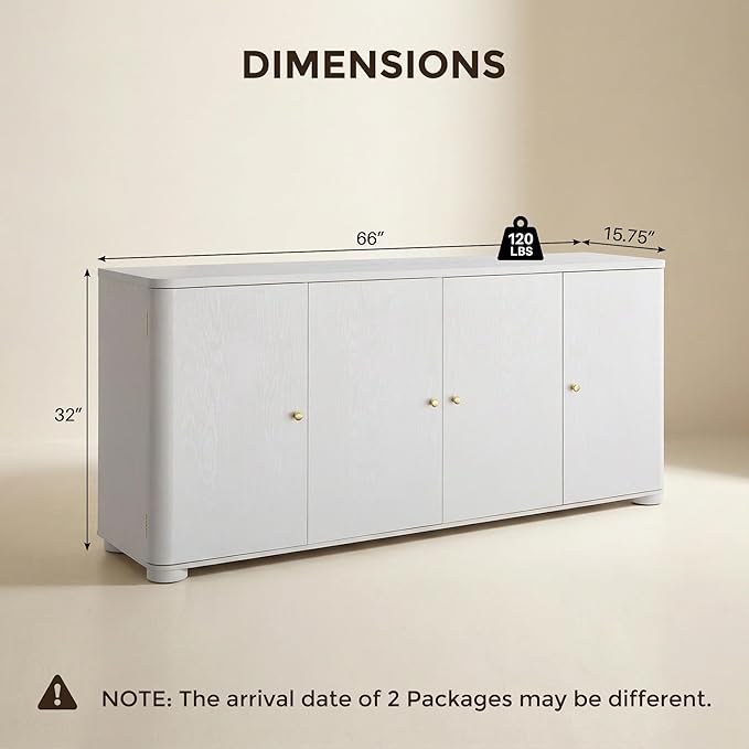 Curved Buffet Cabinet with Doors, 66" Large Sideboard Buffet Storage Cabinet with 4 Doors and Shleves, Modern Coffee Bar Station Wood Kitchen Table for Kitchen, Dining Room, White