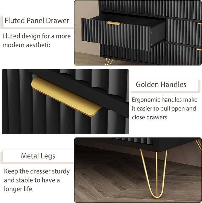 Black Dresser for Bedroom, 7 Drawers Dresser with Golden Handles, Modern Wood Chest for Living Room, Hallway, Entryway