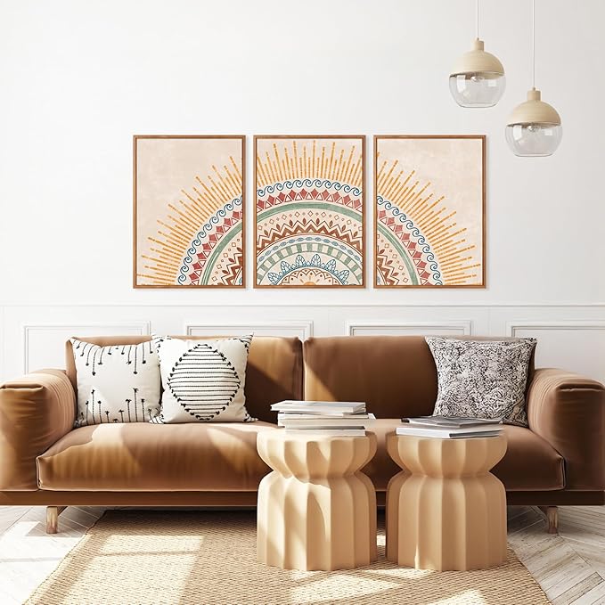 HPINUB Boho Sun Framed Canvas Wall Art Set, (Set of 3,12X16 Inch) Mid-Century Modern Wall Decor, Minimalism Bohemian Wall Painting, Abstract Geometric Pattern Art Print for Living Room,Bedroom,Office