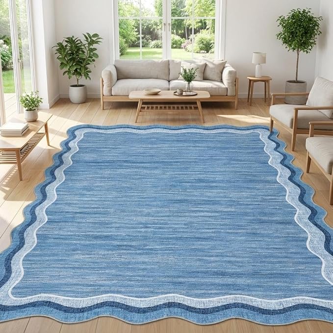 Garvee Scalloped 9x12 Area Rugs for Living Room Large Washable Rugs,Neutral Solid Rug Stain Resistant Non Slip Floor Mat Carpet Indoor Accent Rug for Bedroom Dining Room Playroom Home Decor,Blue