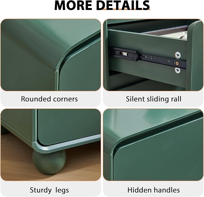 Small Night Stand Set of 2, Mid Century Modern Nightstands with 2 Drawers and Solid Wood Legs, 2 Drawer Dresser Curved Profile Design End Table Side Table for Small Space, Dorm, Bedroom(Green)