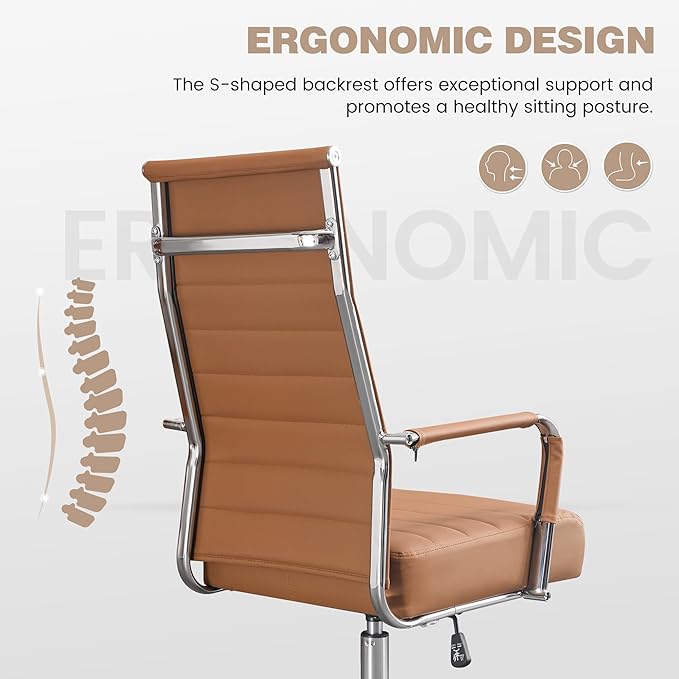 Office Desk Chair,Conference Room Chairs with Wheels and Arms, Modern PU Leather Ergonomic High Back Executive Ribbed Height Adjustable Swivel Chair for Home Office (Brown)