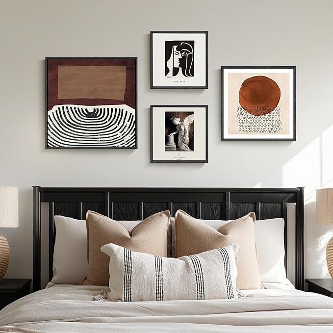 Large Framed Mid Century Wall Art for Living Room, Set of 4 Neutral Brown Black Minimalist Canvas Prints Painting, Modern Abstract Picture Artworks Wall Decor for Bedroom Office Hallway
