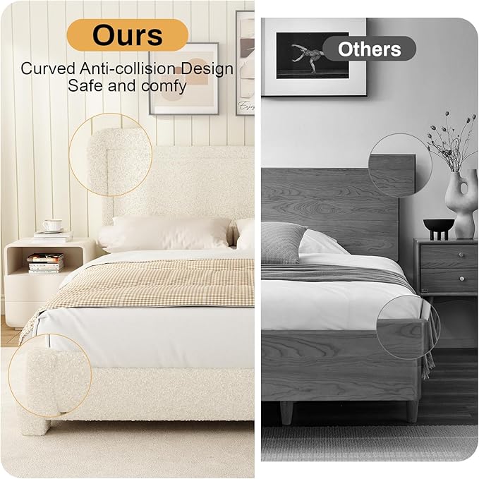 WEUP Full Size Boucle Bed Frame, Upholstered Cloud Bed Frame with Headboard, Soft Rounded Corners, No Box Spring Required, Adjustable Headboard, Easy Assembly