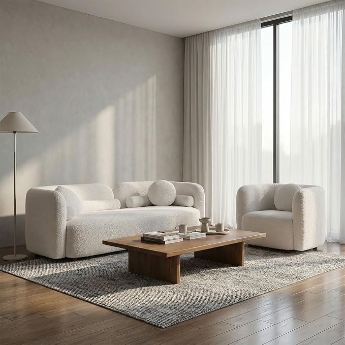 Curved Sofa Set for Living Room, 3-Seater Upholstered Boucle Fabric Modern Sofa Set of 2 Piece Couch Set Rectangular Sofa with Oversized Single Sofa Chair Modern Sofa Set Home Bedroom Office White