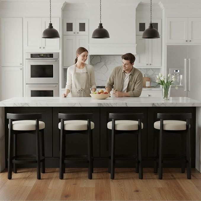 LukeAlon Mid Century Linen Counter Stools Set of 4, Upholstered 26.5” Seat Height Low Barstools with Black Wood Legs Round Low Back Kitchen Stools with Footrest for Dining Room Restaurant, Beige