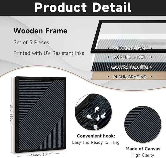 Modern Abstract Pictures Wall Art Boho Neutral Canvas Wall Art Minimalist Line Wall Decor Beige Black Brown Artwork Abstract Modern Painting Prints for Living Room Bedroom 12x16x3 Inch Wood Framed