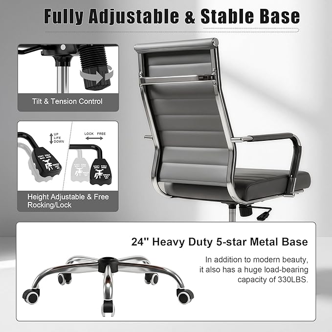 Okeysen Grey Office Desk Chair, Ergonomic Leather Modern Conference Room Chairs, Executive Ribbed Adjustable Swivel Rolling Chair for Home Office.