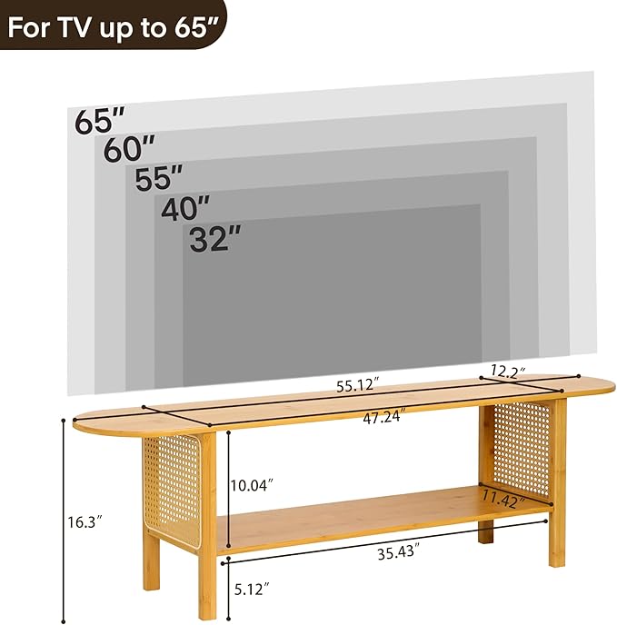 Bamboo TV Stand for TVs up to 65", Accent Entertainment Center with Storage, Media Console Table with Rattan, Modern TV Stand for Living Room, Bedroom, 55"(L), Burlywood