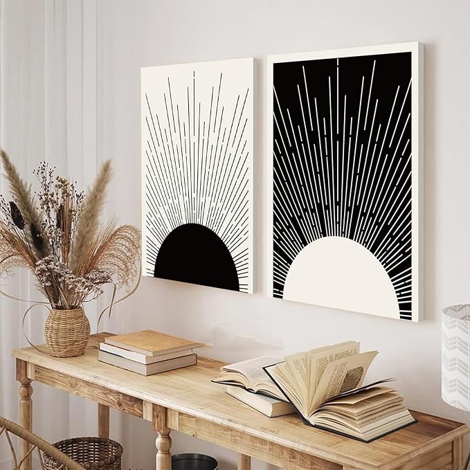 Hwetui Framed Boho Sun Wall Art Set of 2 Black and White Minimalist Sunrise Canvas Prints Abstract Sunshine Painting Geometric Line Pictures Home Decor for Living Room Bedroom Bathroom 12x16in