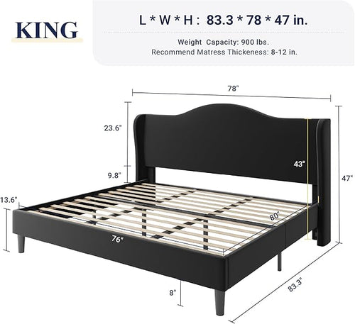 Allewie King Size Bed Frame, Upholstered Wingback Platform with 47" Tall Tufted Headboard, Plush Velvet Fabric, Modern Minimalist Design, No Box Spring Required, Tool-Free Assembly, Black