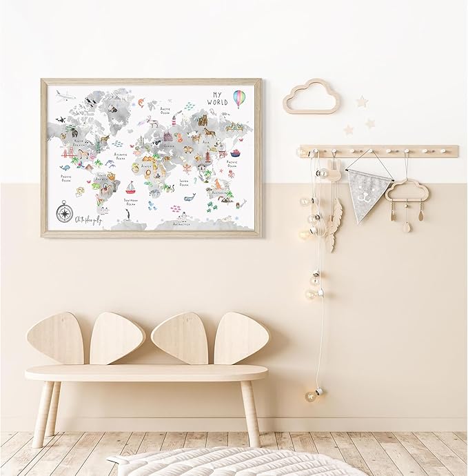 Joocrise Grey Kids World Map Wall Art Animal Map Canvas Wall Art Nursery Wall Decor World Map Poster Childrens Room Decor Playroom Prints Educational Artwork 16x24 Inch Wood Frame