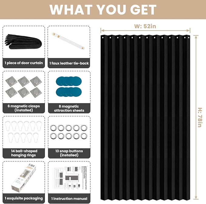 Jilron Accordian Door Curtain, 100% Blackout Folding Magnetic Doorway Curtains,Linen Style Closet Doors,for Room Divider,Privacy Protection（W52 x L78,Black,1 Panel）
