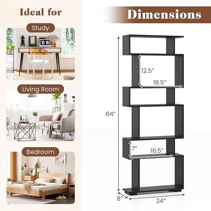 Giantex 6-Tier Geometric Bookshelves Set of 2, S-Shaped Bookcase with 2 Anti-Tipping Kits, Wooden Display Shelf, Decorative Storage Shelving Unit, Home Storage Organizer for Office Living Room, Black