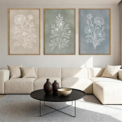 Anyzal Extra Large Boho Botanical Framed Wall Art 24x36 Inch Farmhouse Floral Painting Modern Minimalist Artwork for Living Room Bedroom Dining Room Set of 3