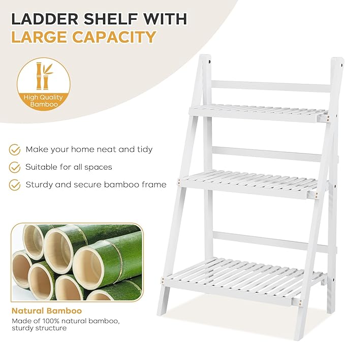 oakvivo Bamboo Bookshelf 3-Tier Ladder Shelf, 39.4” Freestanding Open Bookcase Book Shelf Bathroom Storage Shelf Unit Plant Stand for Small Space, Living Room, Bedroom, Home Office, White