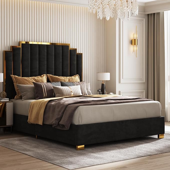 AMERLIFE King Size Upholstered Bed, Modern Velvet Bed Frame with 65.4” Tall Gold Trim Headboard, No Box Spring Needed, Black