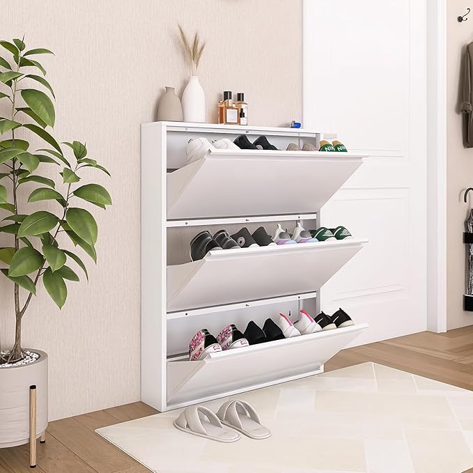 LUCYPAL Shoe Cabinet Storage for Entryway,Slim Wall Mounted Shoe Cabinet with 3 Flip Drawers Narrow Shoe Organizer for Entryway, Hallway, Living Room,White