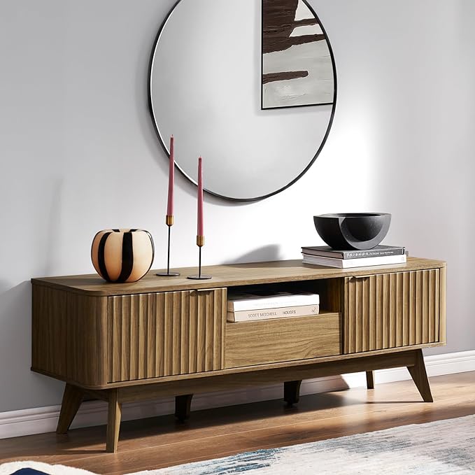 mopio Brooklyn Mid-Century Modern TV Stand, for TVs up to 50” / 59" Waveform Panel, Sleek Curved Profile with Adjustable Shelf and Sturdy Box Frame Leg (Natural Walnut, 57")
