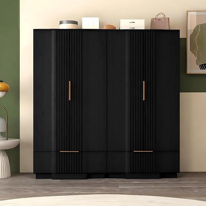 Brafab 67" Fluted Armoire Wardrobe Closet with Drawers and Doors, Wooden Wardrobe Cabinet with Adjustable Shelves, Modern Storage for Clothes, Dream Wardrobe Wall for Bedroom, Black(3 pcs)