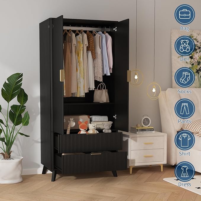 Garvee 71" Armoire Wardrobe Closet, Modern Wooden Bedroom Armoire with 2 Drawers & 2 Doors and Adjustable Shelves，Clothing Storage Cabinet with Aluminum Hanging Rod, Locker
