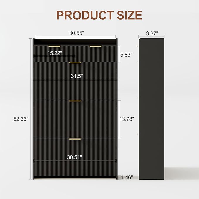 IDEALHOUSE Modern Natural Shoe Cabinet with 3 Flip Drawers & 2 Small Drawers & Hook, Slim Fluted Shoe Storage Organizer, Narrow Entryway Cabinet for Apartment, Hallway, Entrance ((Black Color))