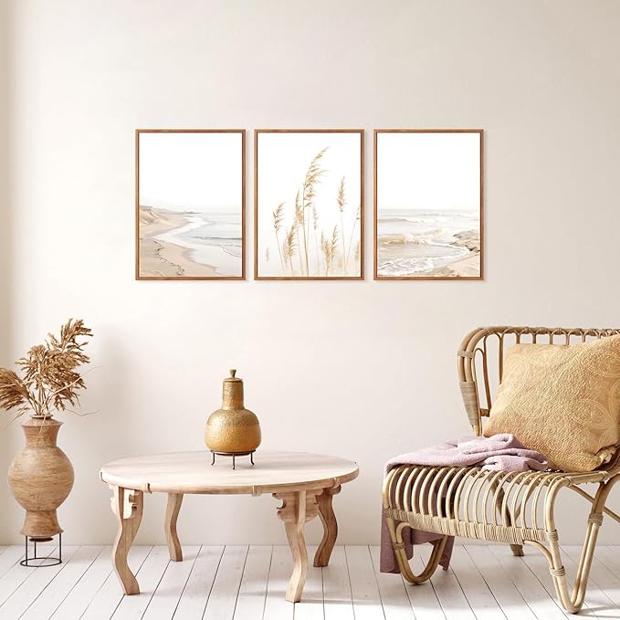 HPNIUB Modern Beach Artwork Seascape Wall Art, Seaside Framed Painting Reed Pathway Picture, Minimalist Neutral Coastal Landscape Wall Decor for Living Room,Bathroom(Set of 3,12X16 Inch)