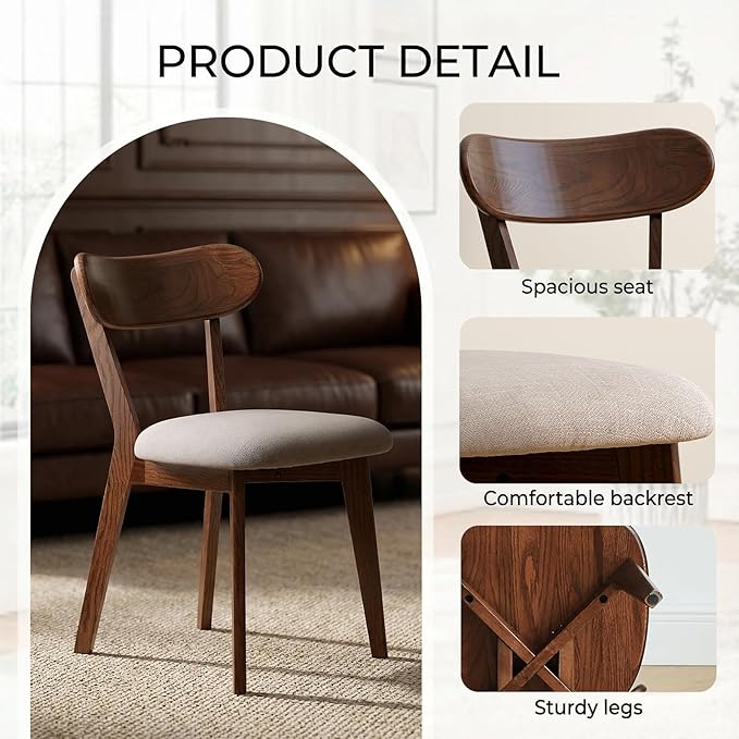 100% Solid Oak Wood Dining Chairs,Mid Century Modern Dining Chairs with Upholstered Cushion,Kitchen,Dining Room Chairs Set of 2 (2, Walnut Color Grey Upholstery)