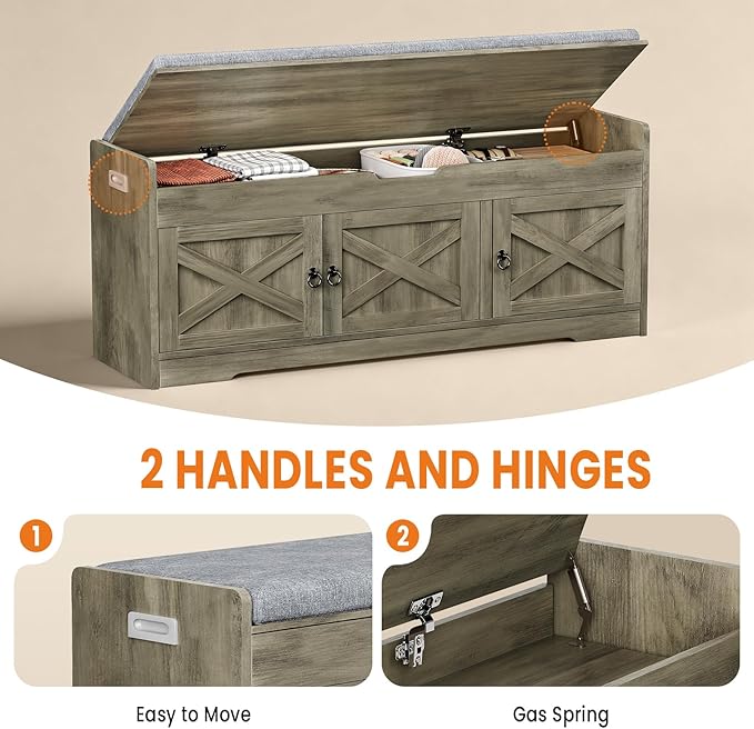 Farmhouse Shoe Storage Bench with Cushion Seat, 3-Tier Entryway Bench with Lift Top Storage and Adjustable Shelf, Bench for Hallway, Bedroom, Grey