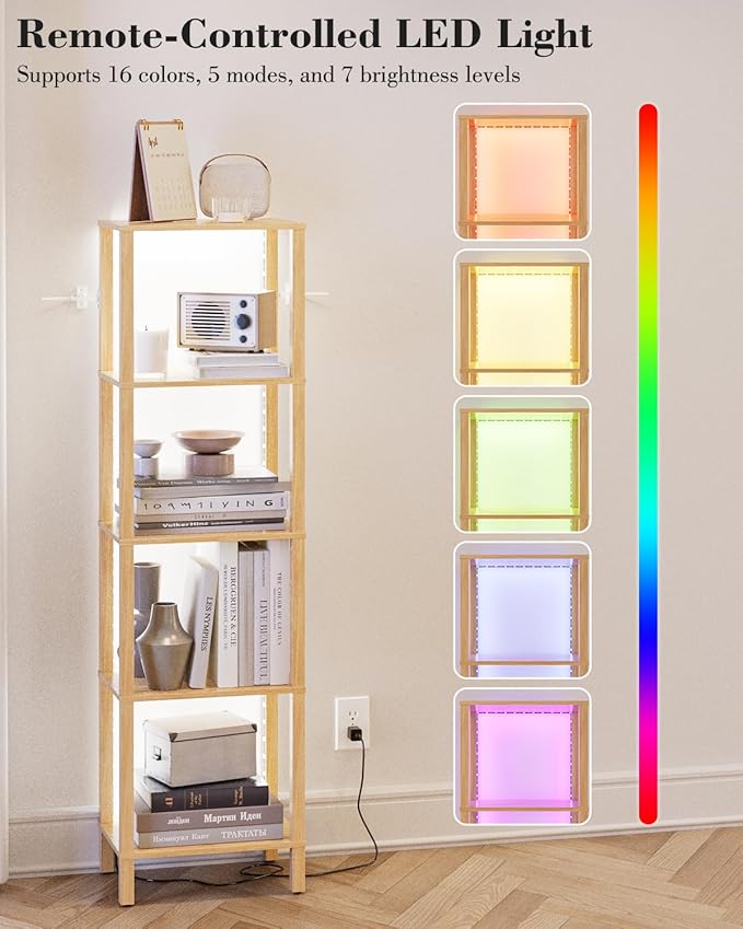 Open Book Shelf with LED Lights, 5 Tier Tall Bookshelf, Freestanding Shelf Narrow Bookcase with Open Shelves, 14.96" x 10.63" x 53.54", Book Shelves for Living Room, Office, Study, Oak