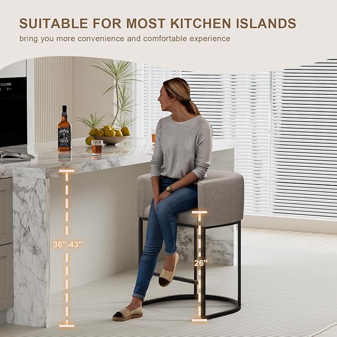 26" H Counter Height Bar Stools Set of 3, Modern Barrel Counter Stools with Backrest and Arms, Linen Fabric Upholstered Accent Barstools for Kitchen Island,Support 450 LBS (Sand)