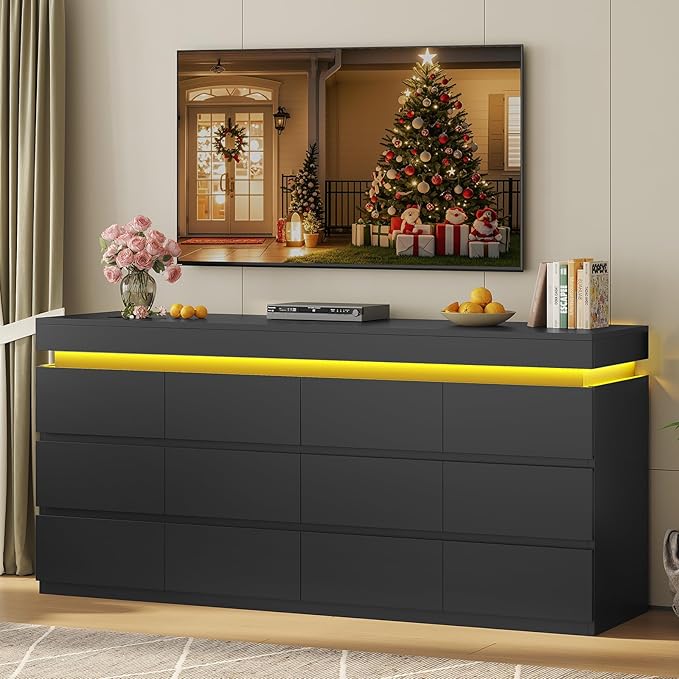 HAUOMS 12 Drawer Dresser with LED Light, Black Modern Chest of Drawers for Bedroom,Long Dresser with Drawers for Living Room, Entryway, Hallway