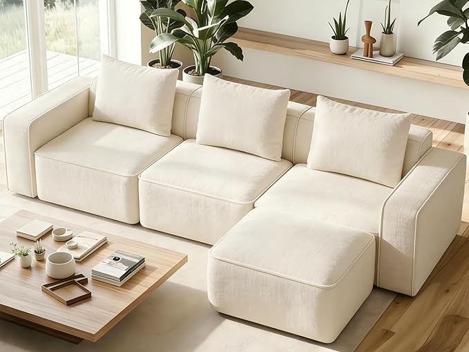 Welzona 103" Modular Sectional Sofa, Minimalist Comfy Cloud Couch Sectional, Tool-Free Setup Couches for Living Room, Wood Frame l Shaped Couch with Ottoman, 22" Deep Seat Chenille Cloud Sofa