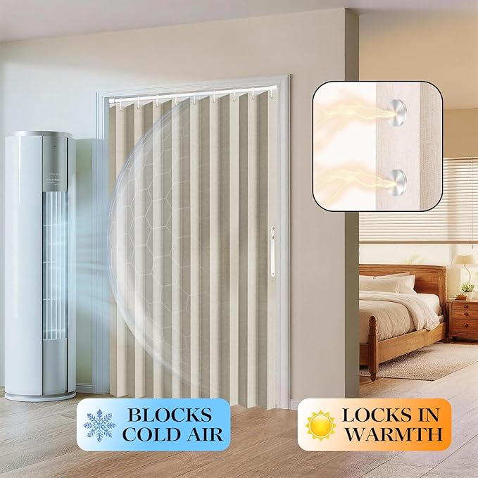Jilron 100% Blackout Fabric Folding Door Curtain with Magnetic Closure - Accordion Style for Sliding Doors, Closets,Wardrobe and Temporary Door Solutions Doorway Curtains（W42 x L78, Beige 1 Panel）