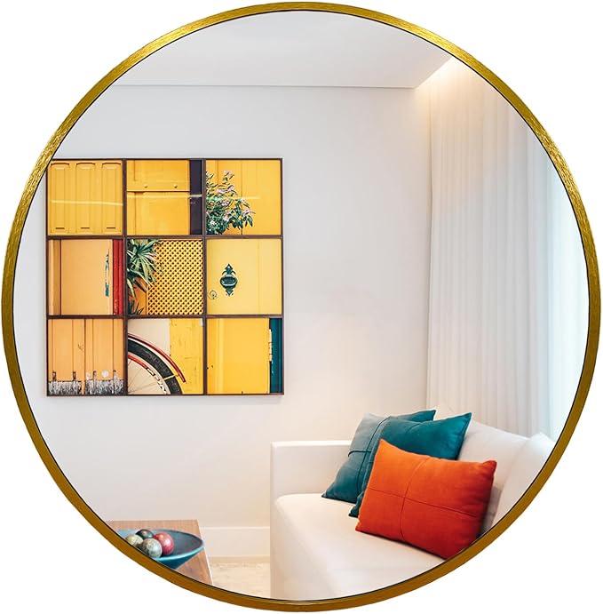Oruii Gold Round Mirror 28 inch, Large Circle Mirror Gold Metal Frame, Golden Round Bathroom Mirrors, Circular Mirrors for Wall, Living Room, Dining Room, Entryway (Brass)